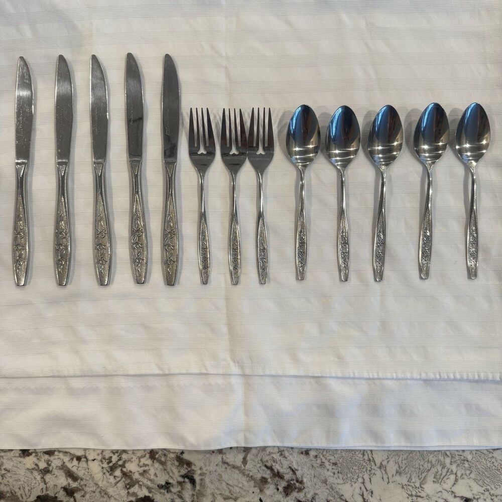 Ekco Eterna Rose Cotillion Stainless Flatware Knife Fork Spoon 13 Pc Vintage